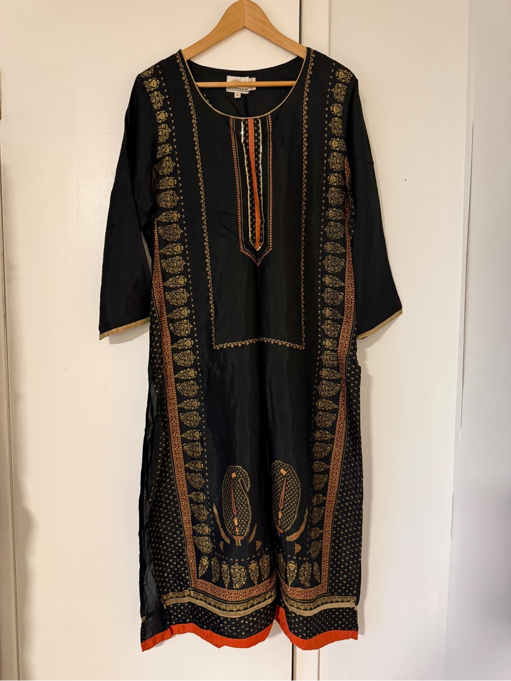 Black Long-Sleeve Kurta with Gold & Rust Print